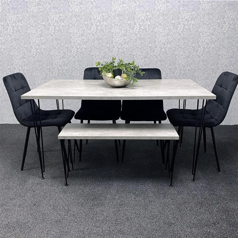 Grey Dining Table Set with Bench & 4 Black Velvet Chairs Hairpin Legs