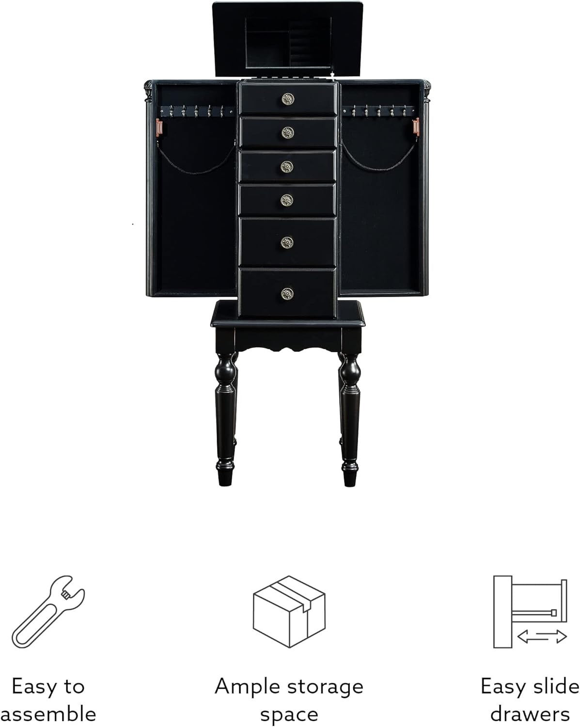 Distressed Ebony Black Jewellery Armoire with Mirror Side Doors Storage