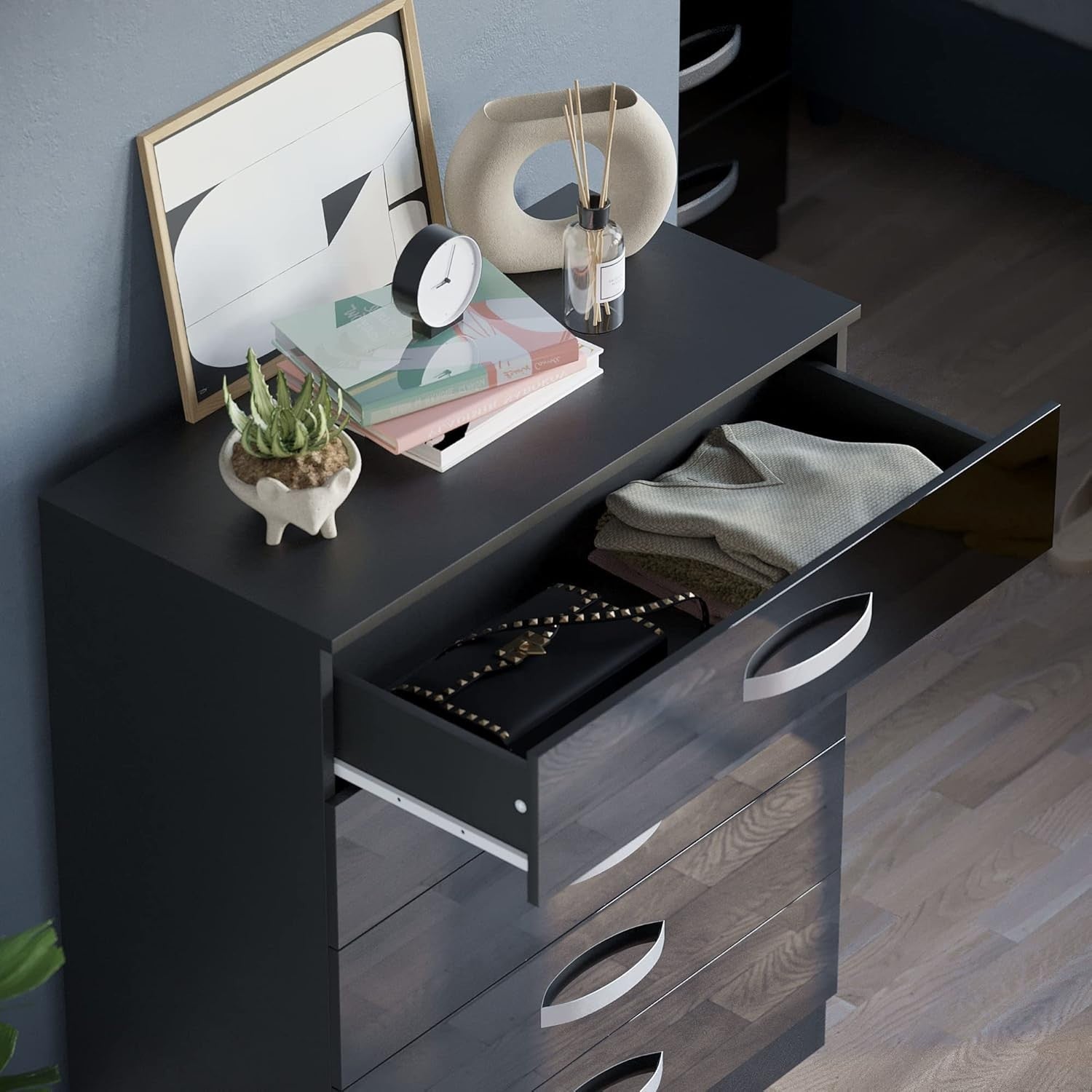 High Gloss 5 Drawer Chest Black Storage Cabinet with Smooth Glide Drawers
