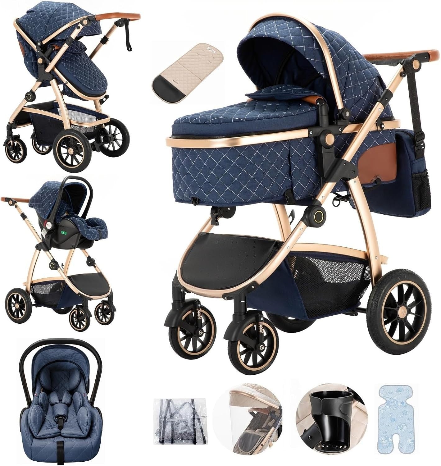 3in1 Baby Pram Travel System Pushchair Car Seat Adjustable Handle Blue