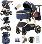 3in1 Baby Pram Travel System Pushchair Car Seat Adjustable Handle Blue