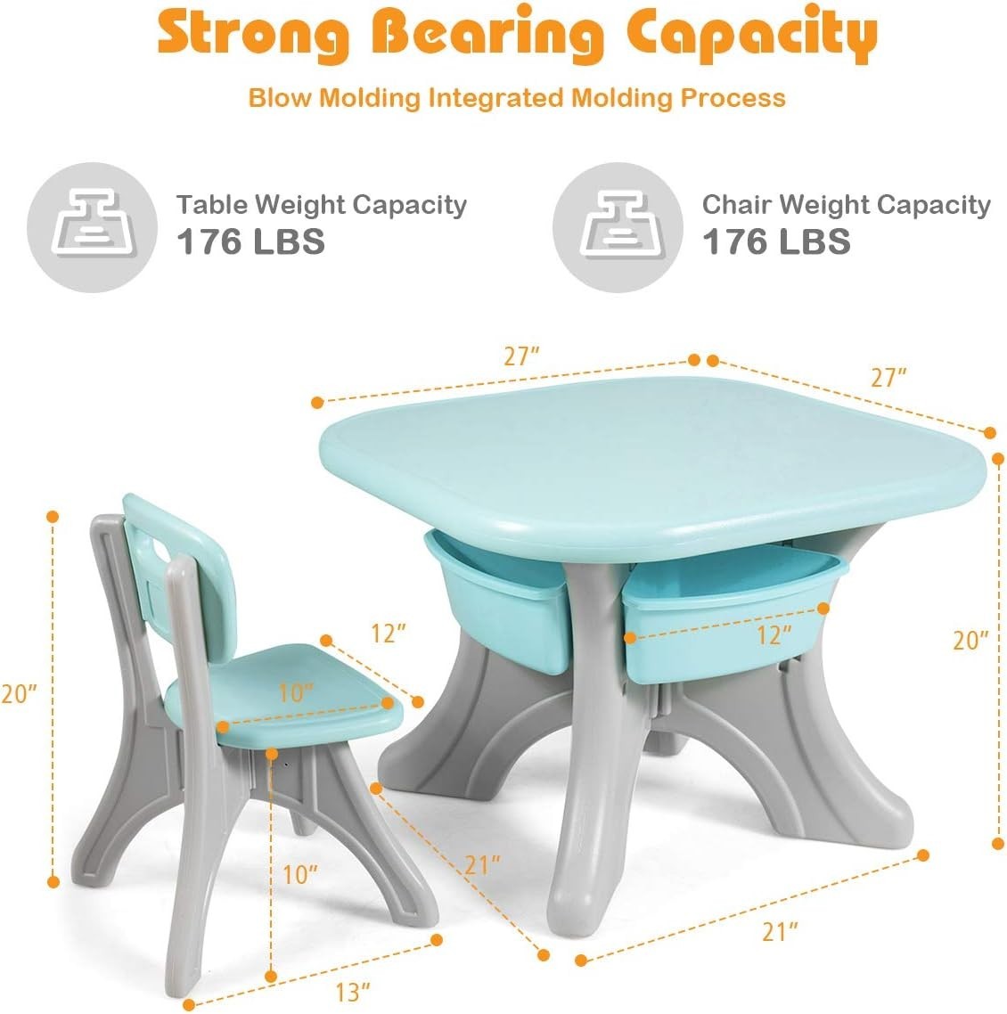 Kids Activity Table & 2 Chairs Set Green w/Detachable Storage Bins, Sturdy & Lig