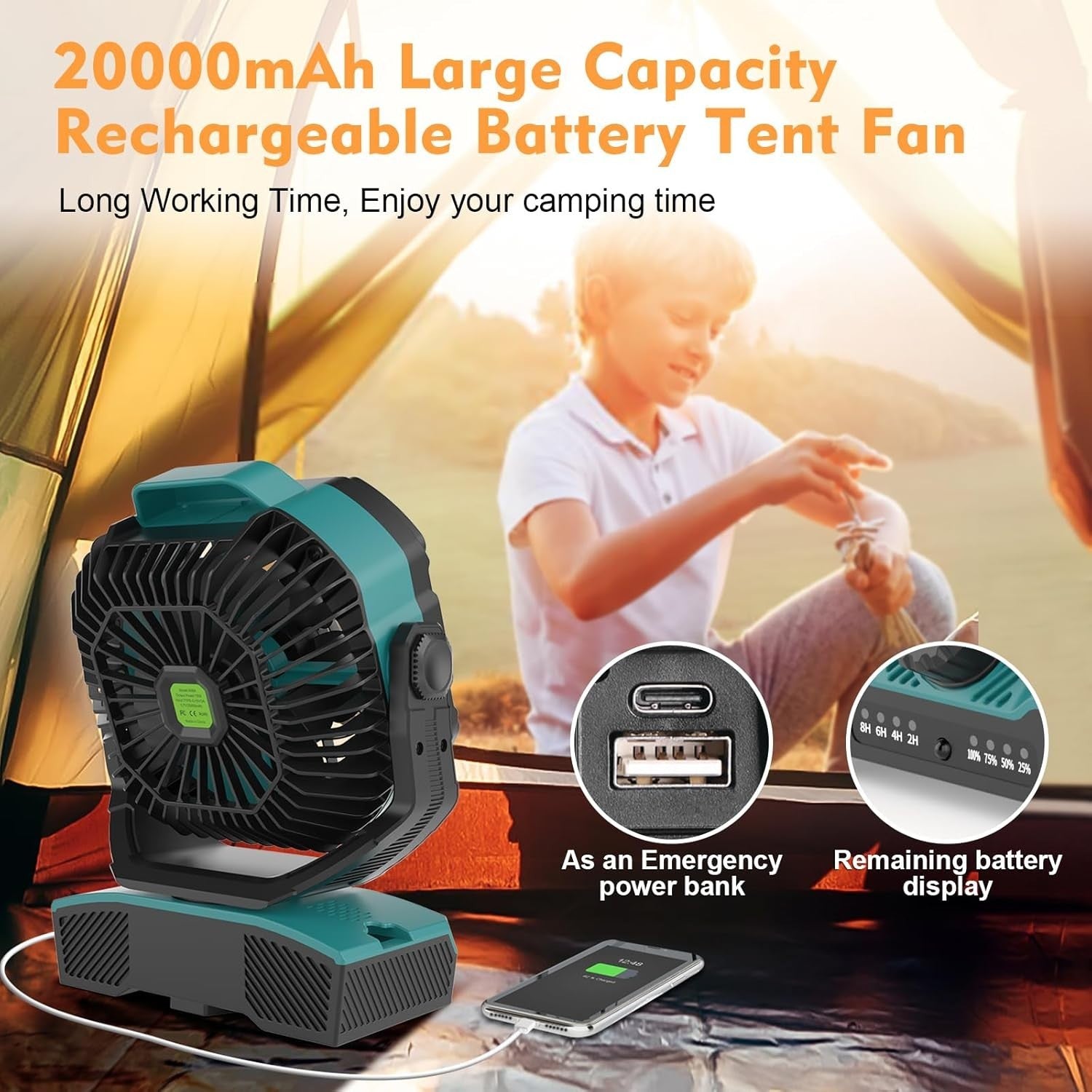 Cyan Camping Fan – 20000mAh Rechargeable w/ LED Light, RGB Ring & Remote Timer