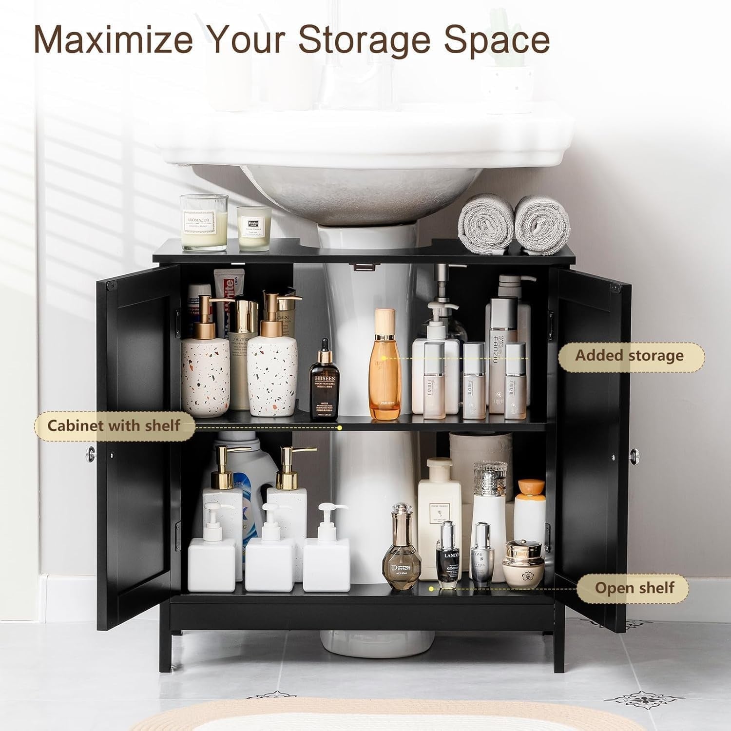 Black Under Sink Bathroom Cabinet 2 Door Storage Cupboard 60x30x60cm