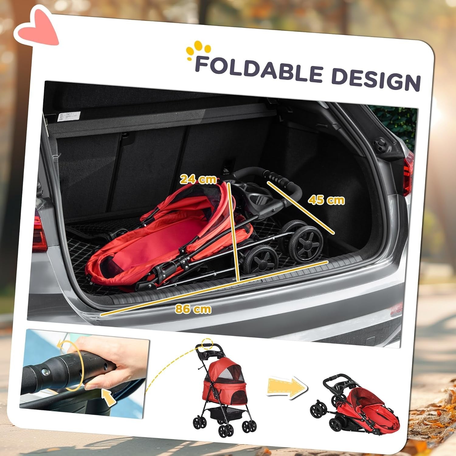 Pet Travel Stroller Dog Pushchair Foldable with Brake Basket Canopy Red