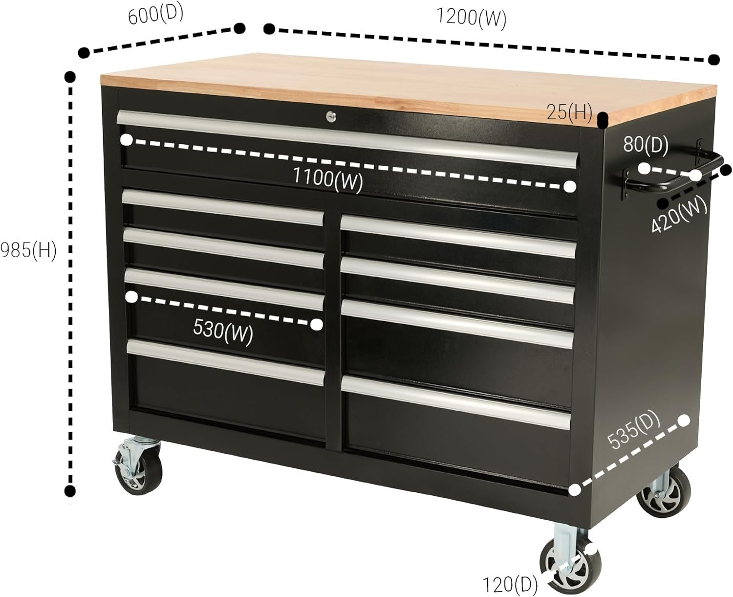 Mobile Rolling Workbench with 9 Drawers Solid Wood Top Locking Steel 1200mm