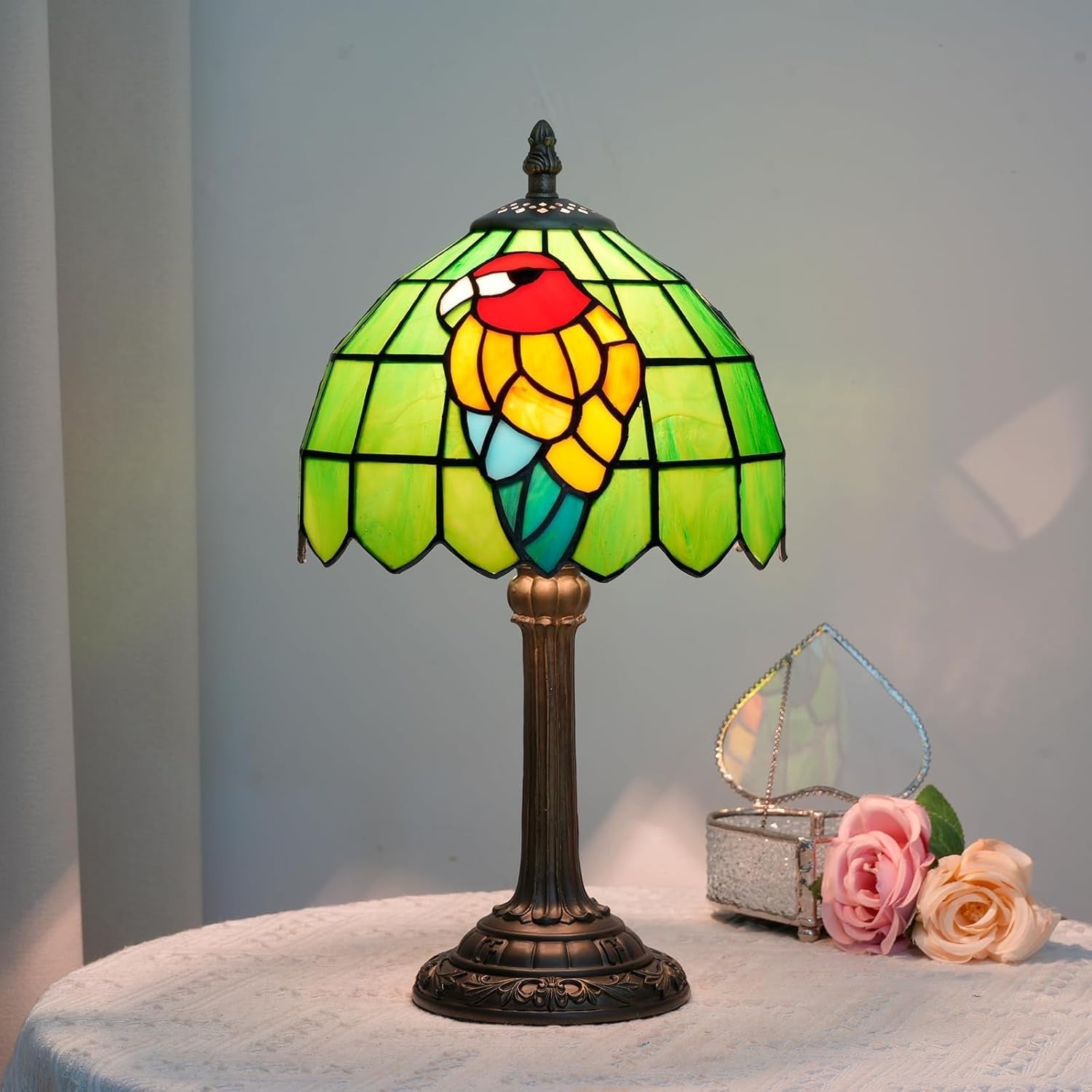 Tiffany Style Parrot Table Lamp Green Glass Bedside Desk Light Retro