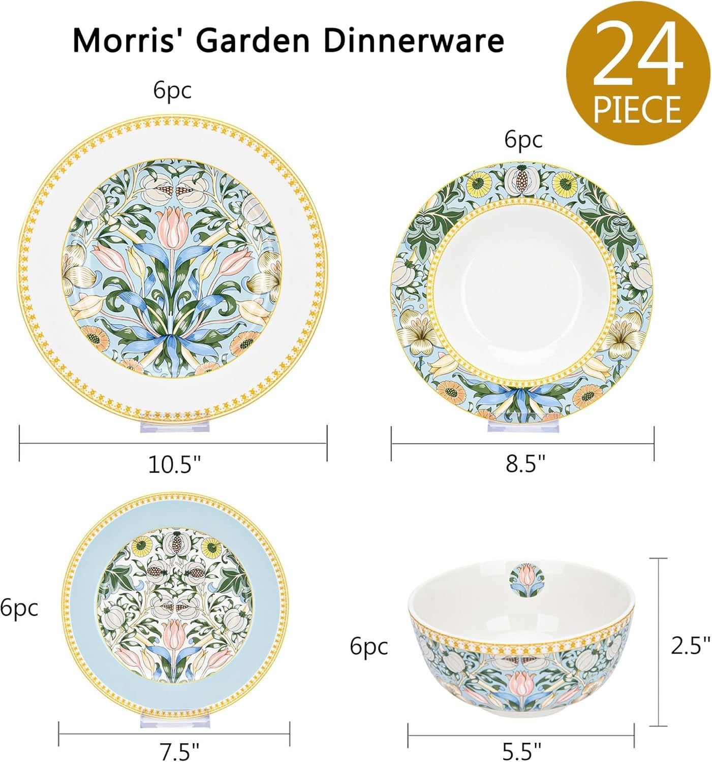 24pc Bone China Dinner Set Tropical Plates Bowls Mugs Gift Box Service for 6