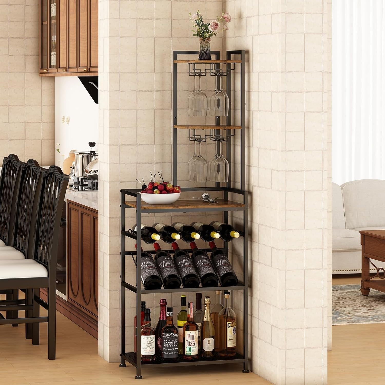 Corner Wine Rack Freestanding Bar Cabinet 6-Tier Bottle & Glass Holder
