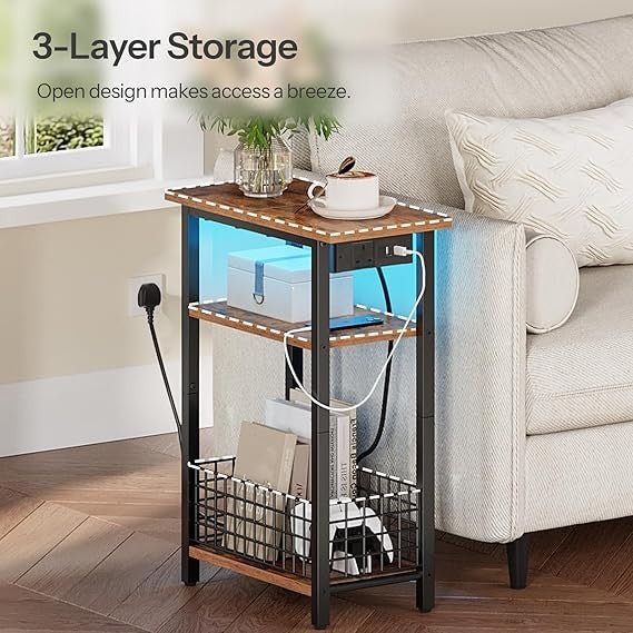 Slim Side Table with Charging Ports & LED Light, Narrow Bedside Nightstand