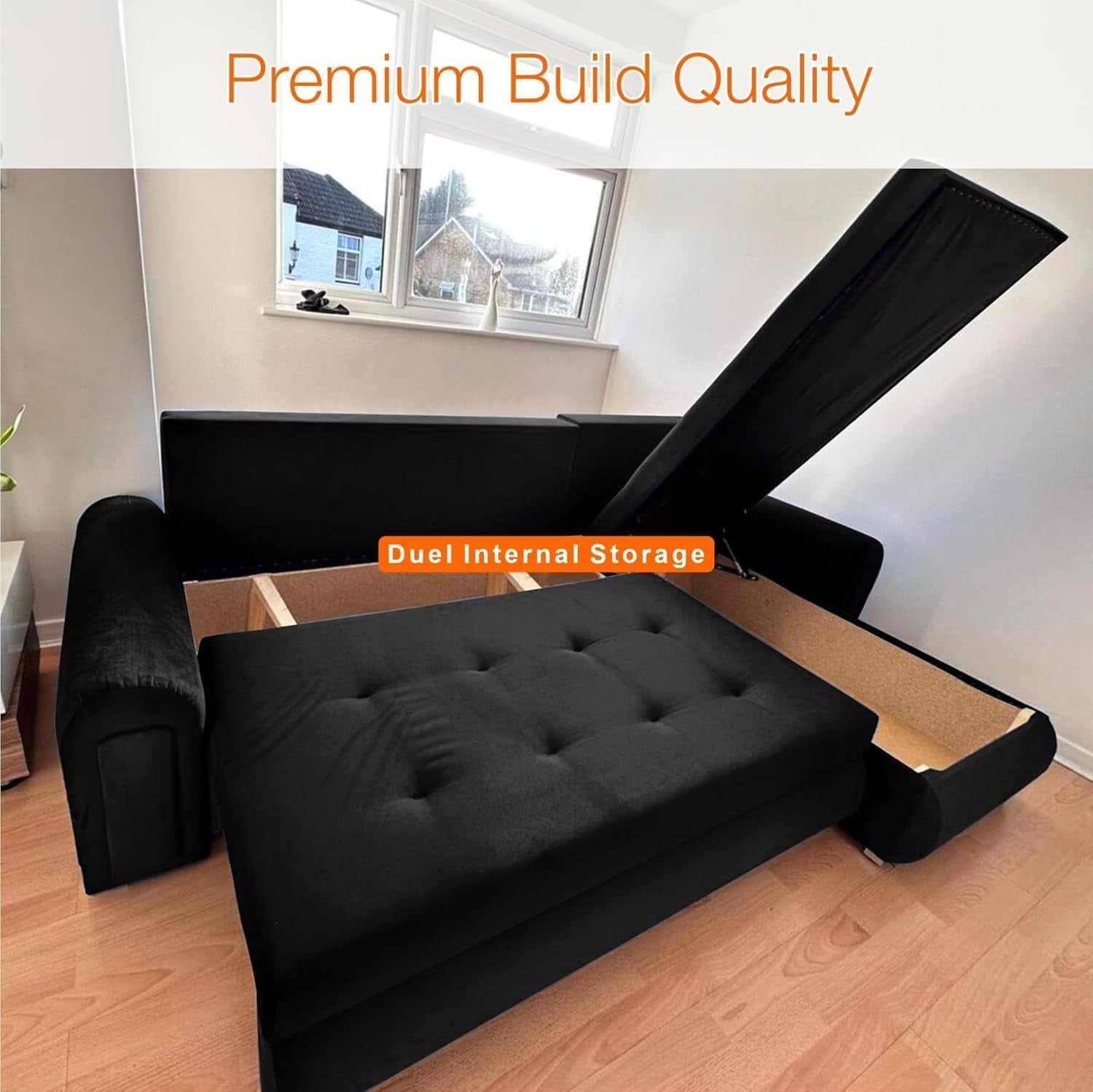 Convertible L Shape Sofa Bed with Storage – Velvet Sleeper Couch Black