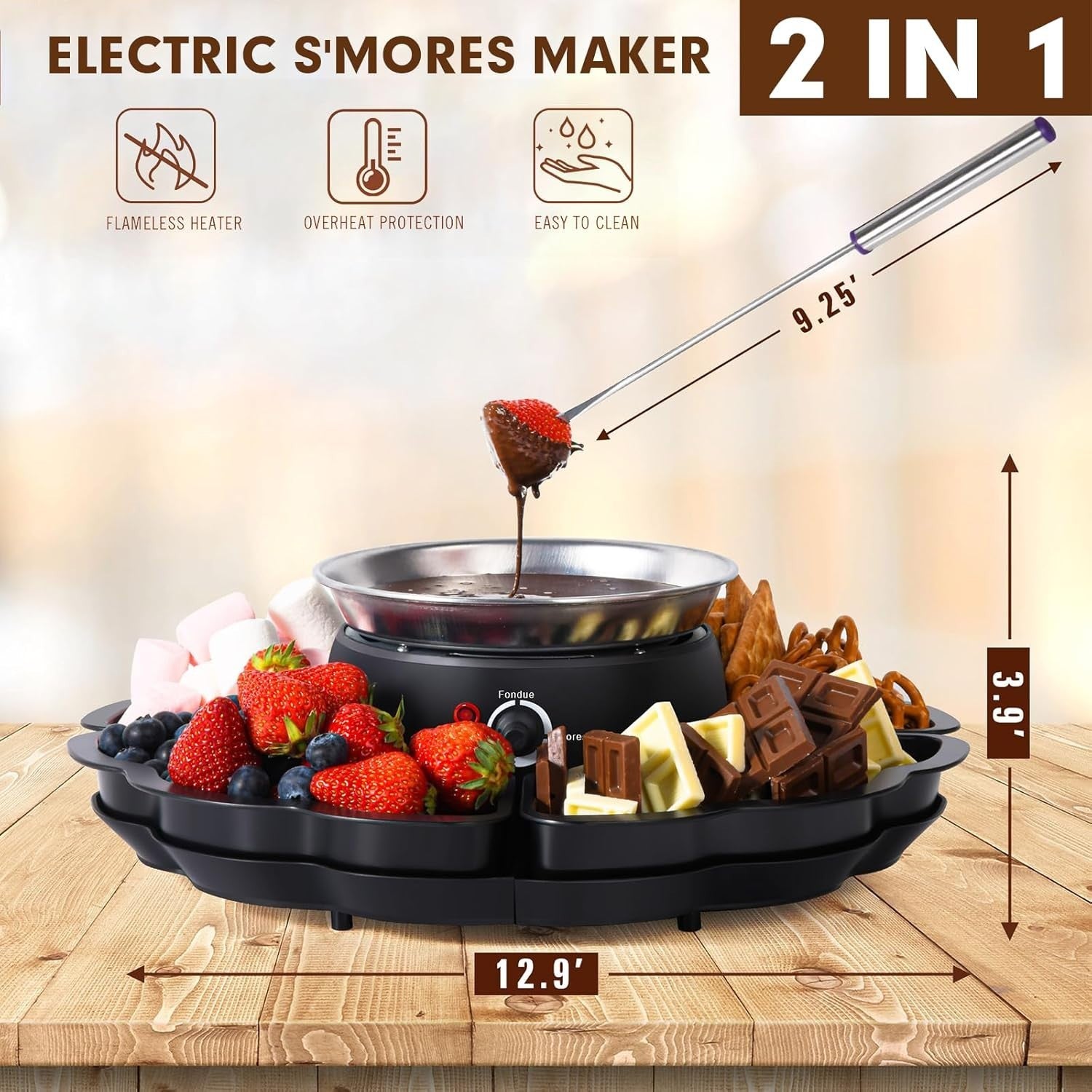 2 in 1 Electric Smores Maker Chocolate Fondue Pot Tabletop Kit