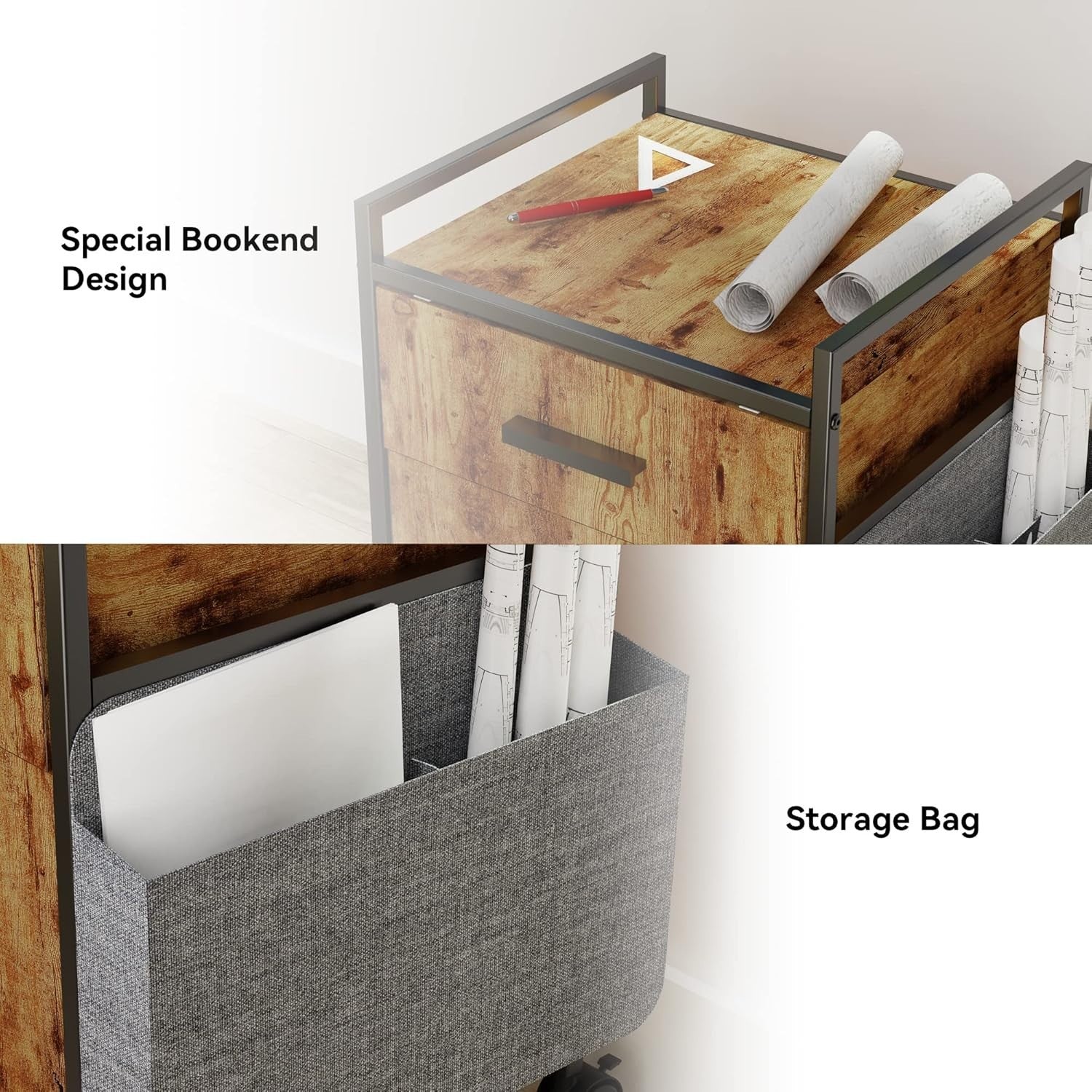 2 Drawer Mobile Filing Cabinet with Printer Shelf Under Desk Rustic Brown