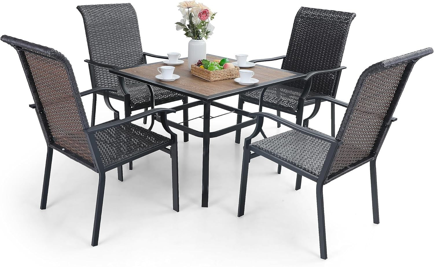 Outdoor 5-Piece Garden Dining Set with Metal Table & Rattan Chairs + Sunshade