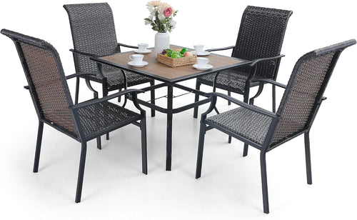 Outdoor 5-Piece Garden Dining Set with Metal Table & Rattan Chairs + Sunshade