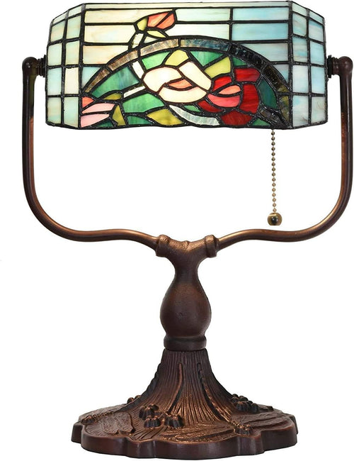Tiffany Style Stained Glass Desk Lamp Rose Banker Light 15" Vintage Gift