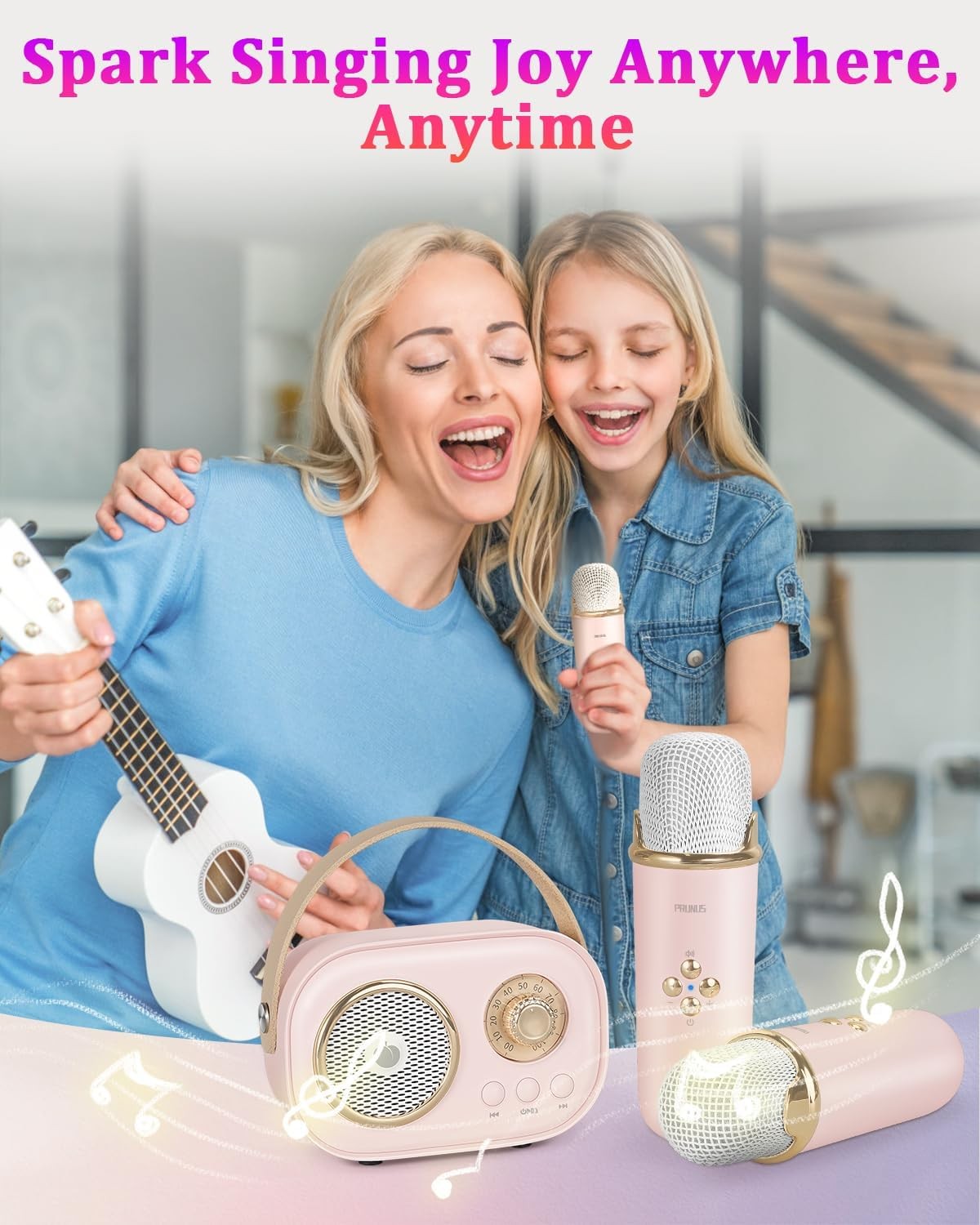 Pink Mini Karaoke Machine with 2 Wireless Mics Bluetooth