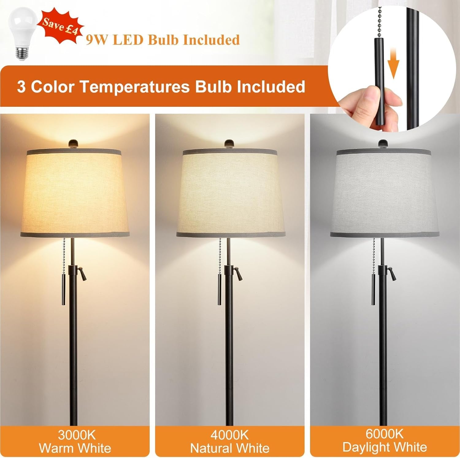 Adjustable Floor Lamp Black Height Adjustable 3 Colour LED Standing Light