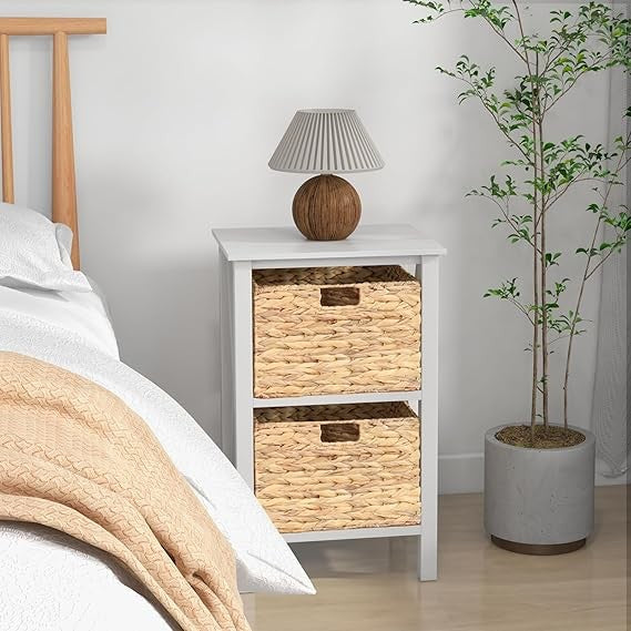 2x White Bedside Tables with Seagrass Baskets | Rustic 2-Tier Slim Nightstands