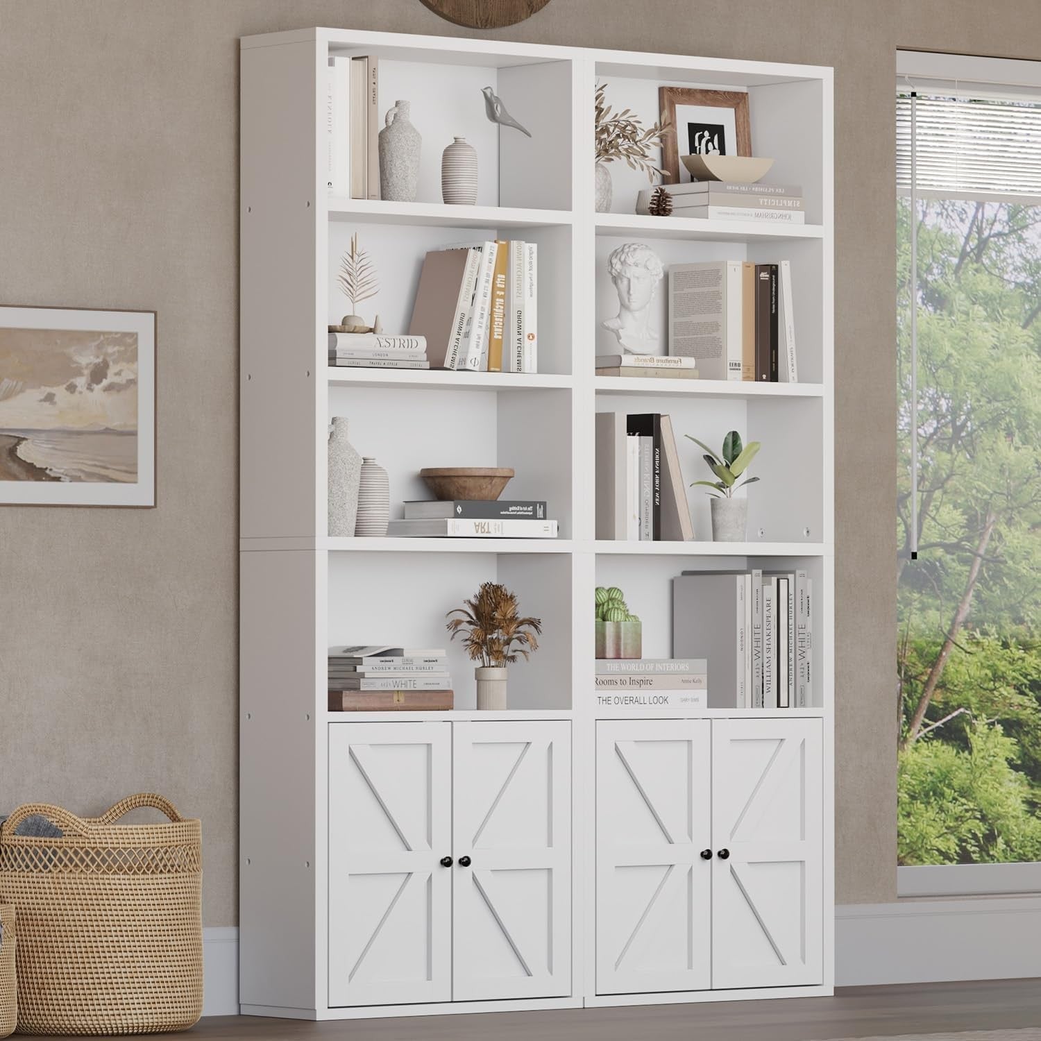 Tall White 6-Tier Bookcase with Cabinet Doors Modern Storage Shelving Unit