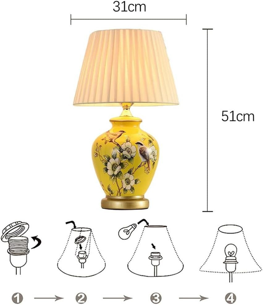 Yellow Ceramic Table Lamp E27 Bedside Light 50cm Elegant Floral Design