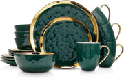 Green Gold Rim Dinnerware Set 16 Piece Porcelain Plates Bowls Service for 4