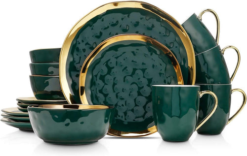 Green Gold Rim Dinnerware Set 16 Piece Porcelain Plates Bowls Service for 4