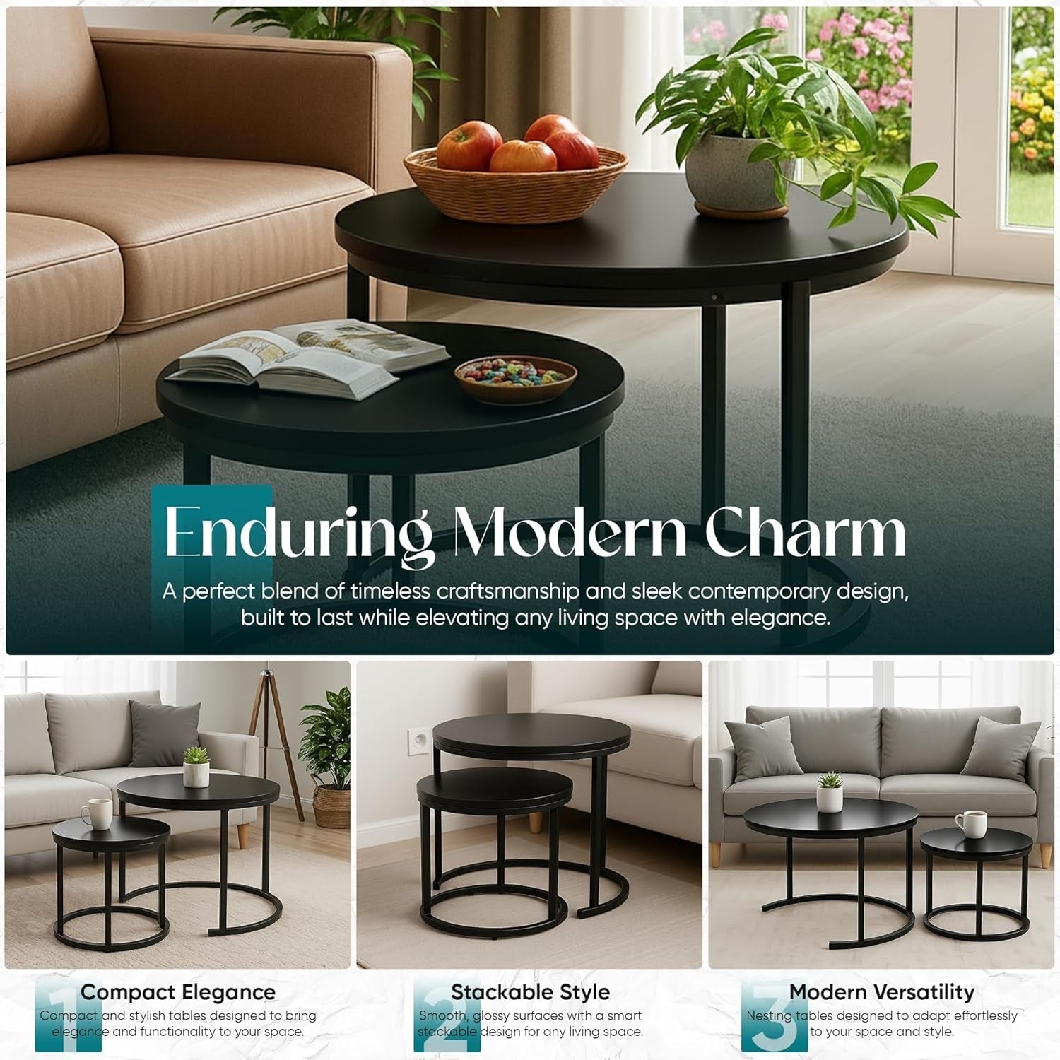 Round Nesting Coffee Tables Set for Living Room, Black Metal & Wood, Stackable