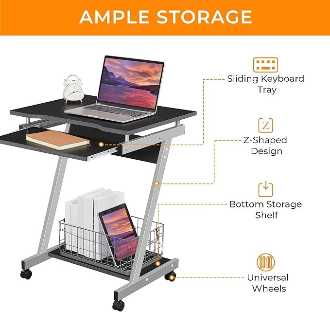 Mobile Laptop Desk on Wheels Z Shaped Small Computer Table with Keyboard Tray