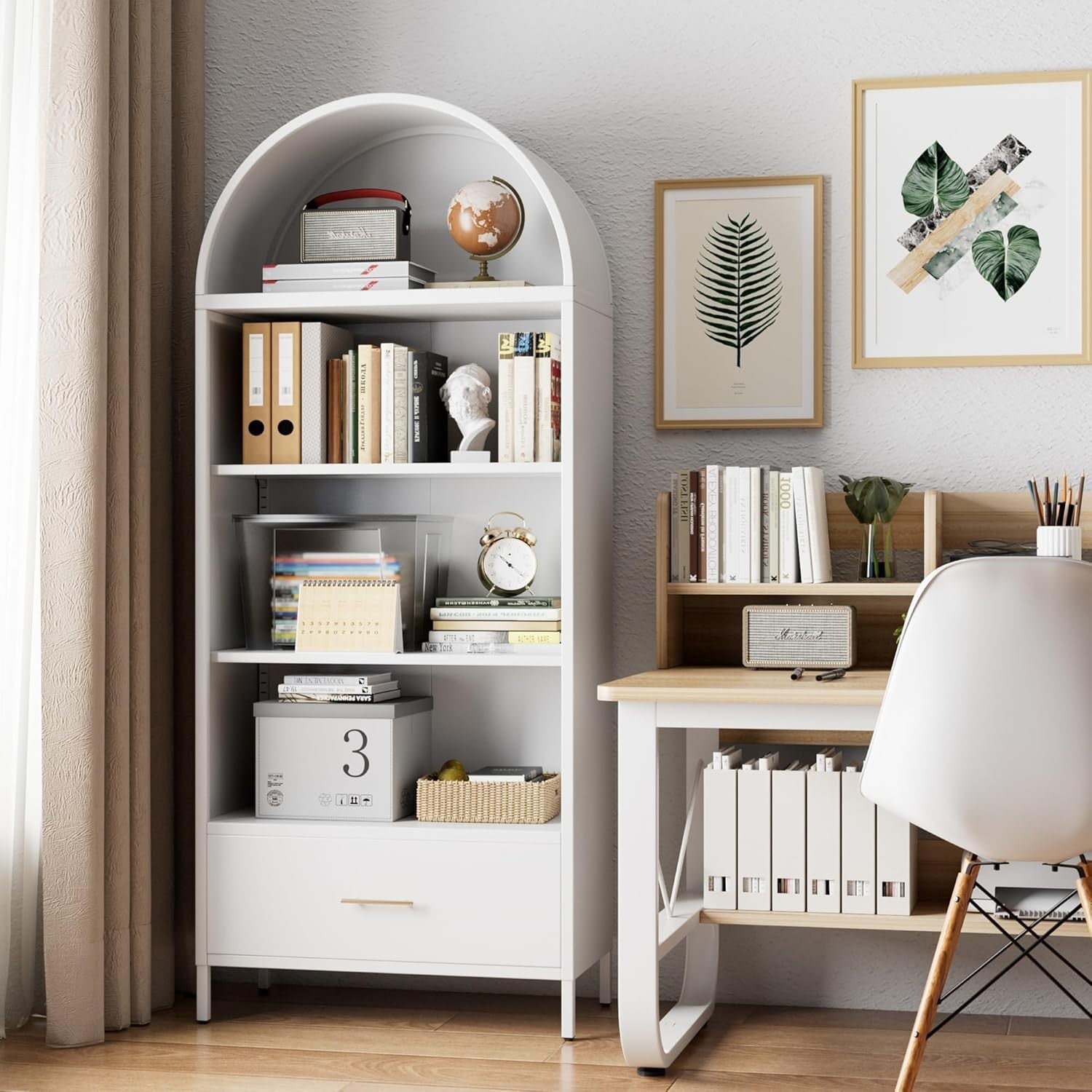 185cm Metal Arched Kitchen Pantry Cabinet White | Drawer Storage