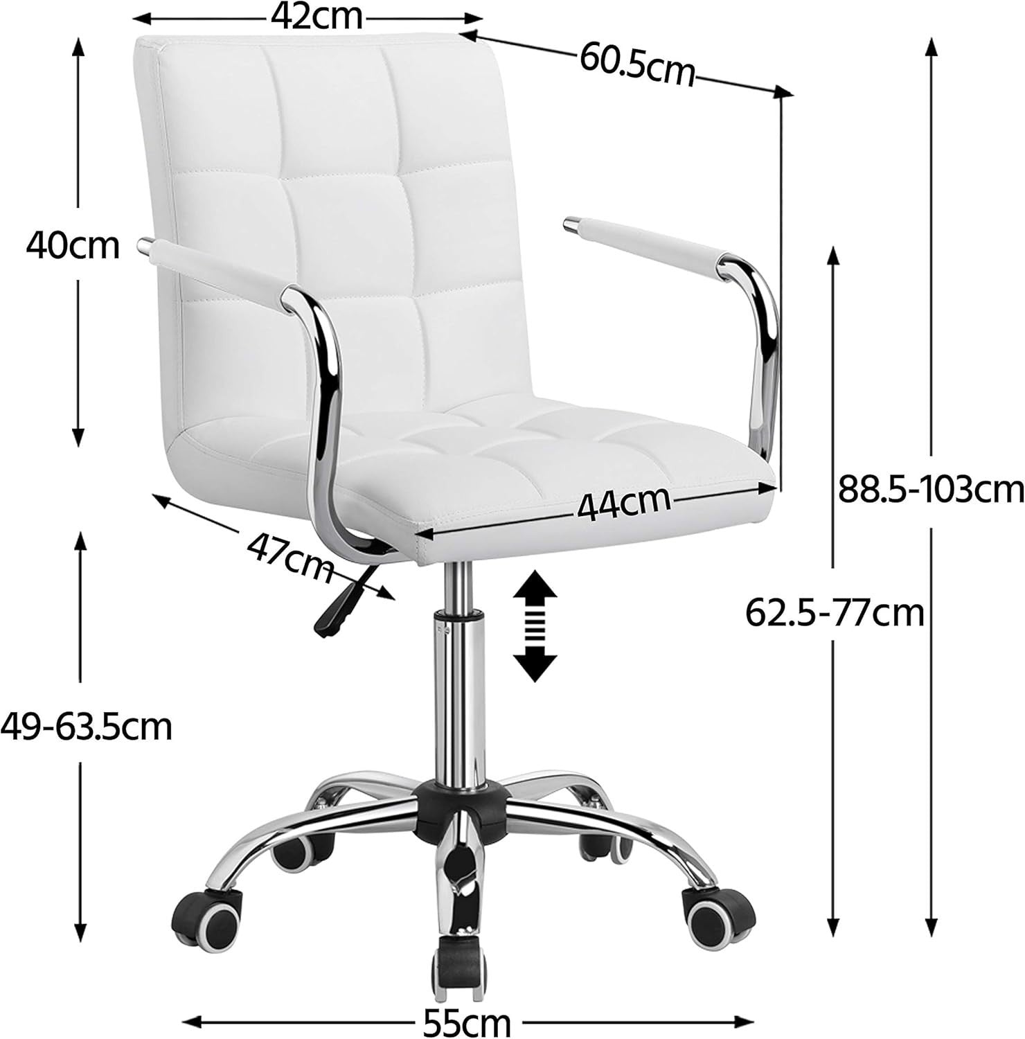 White Adjustable Office Chair Swivel Desk Chair Faux Leather Home Study Seat
