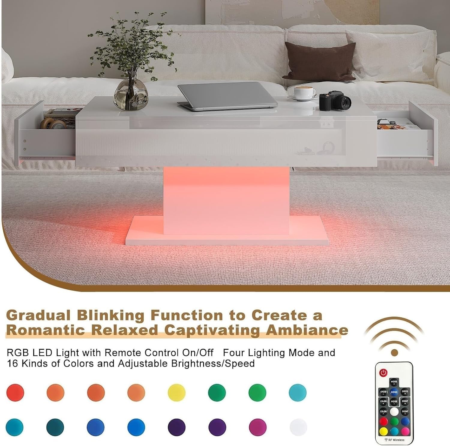 White LED Coffee Table with 2 Drawers, High Gloss Rectangular 110x55cm