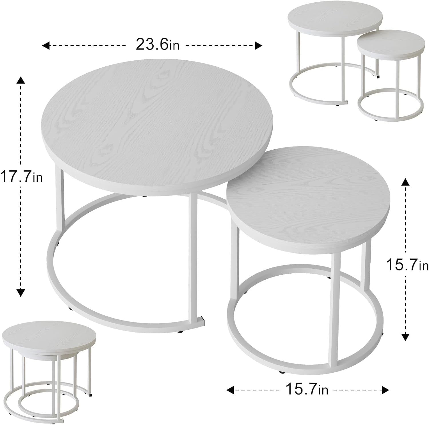 2pcs White Round Nesting Coffee Table Set Wood Metal Frame Living Room Side End
