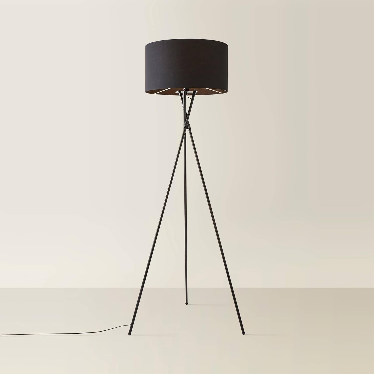 Black Tripod Floor Lamp Tall Metal Stand with Black Fabric Shade Modern