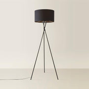 Black Tripod Floor Lamp Tall Metal Stand with Black Fabric Shade Modern