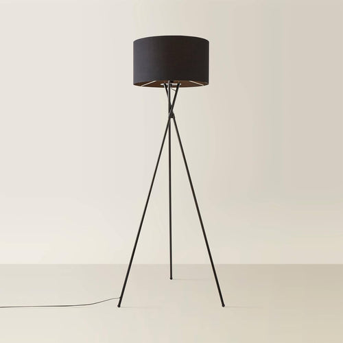 Black Tripod Floor Lamp Tall Metal Stand with Black Fabric Shade Modern