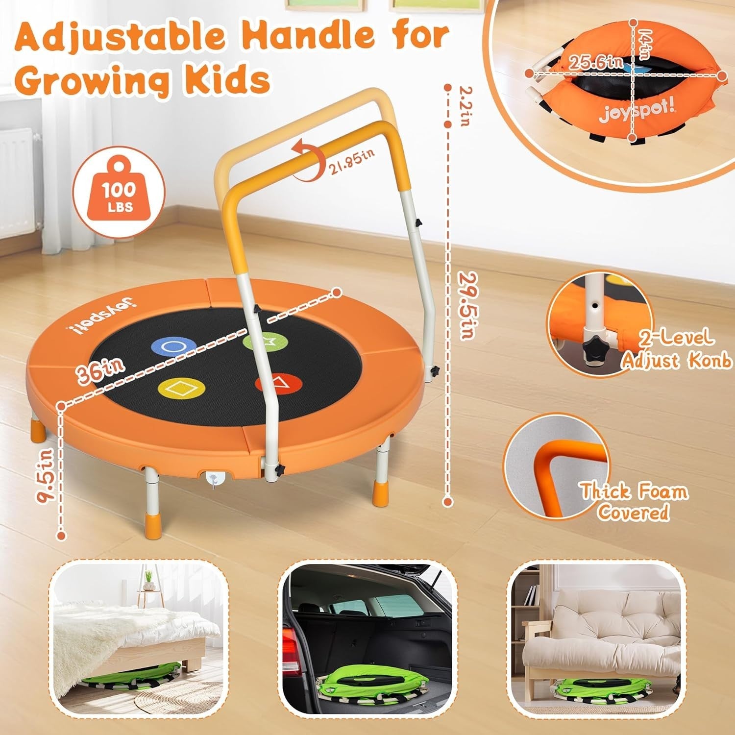 3FT Kids Trampoline Adjustable Handle Silent Indoor Rebounder Ages 1-6
