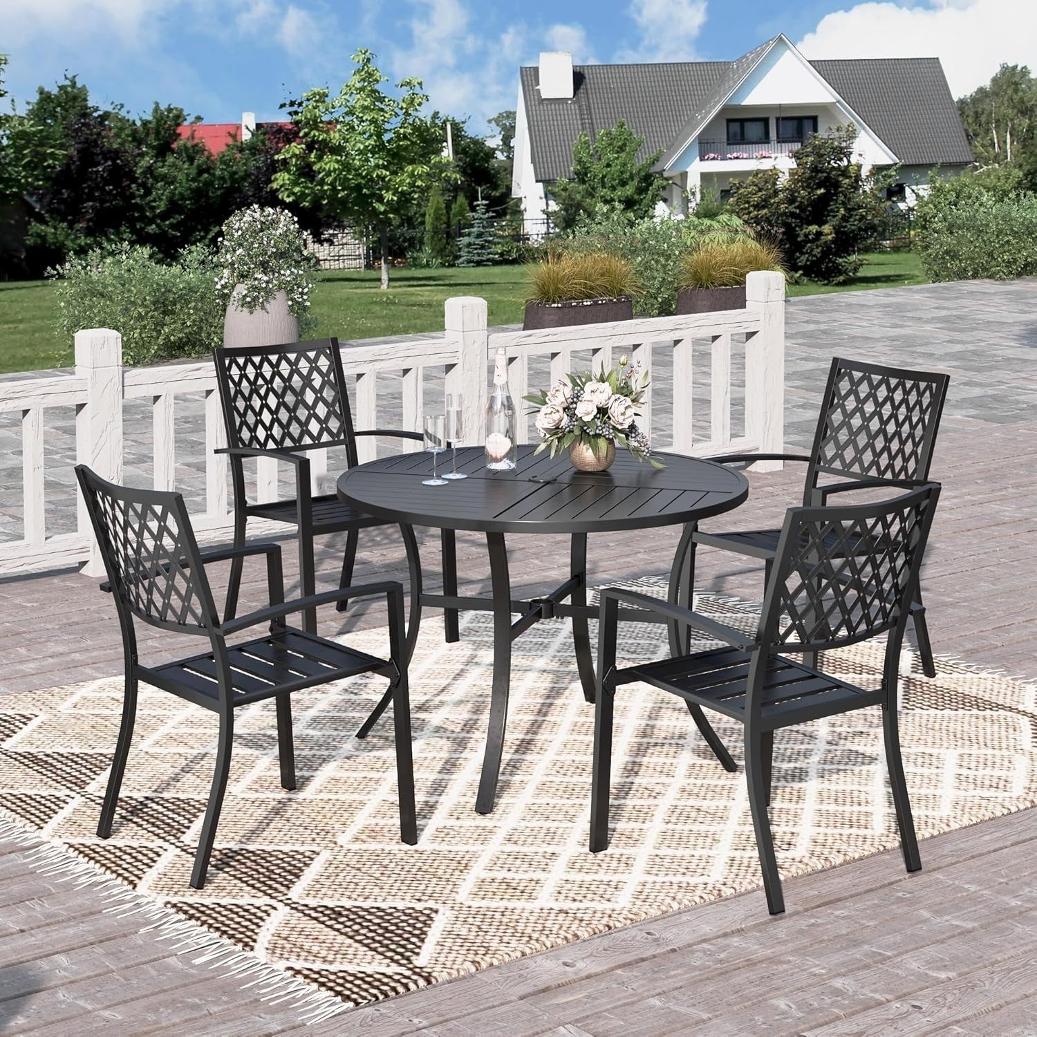 5 Piece Garden Patio Dining Set Outdoor Table & Stackable Metal Chairs