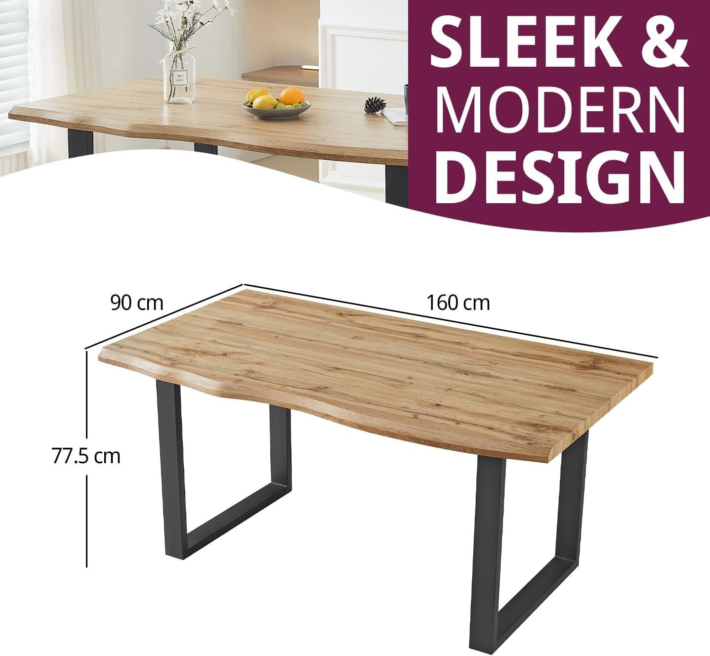 160cm Live Edge Dining Table Oak Effect Metal Legs Modern Industrial