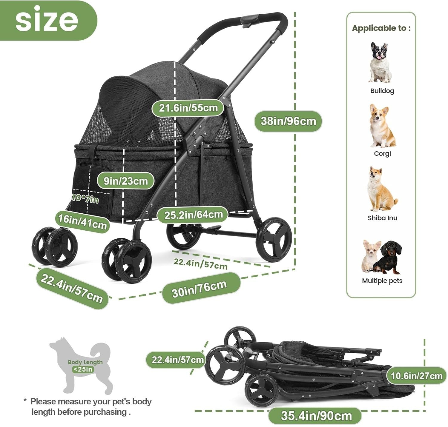 Dog Travel Stroller Heavy Duty 4 Wheel Foldable Jogger Pram Black