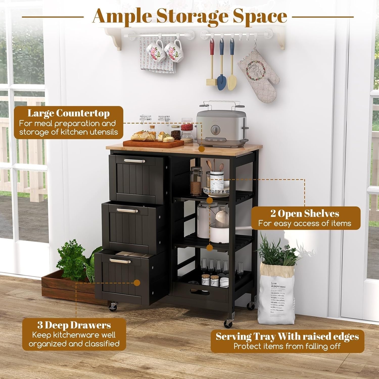 Kitchen Storage Trolley on Wheels with Worktop, 3 Drawers & Shelves – Mobile Uti