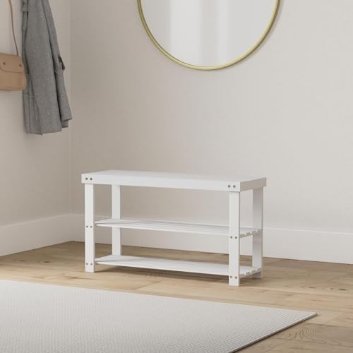 3-Tier White Bamboo Shoe Rack Bench with Storage Shelf & Durable Design