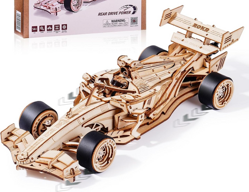 3D Wooden Racing Car Puzzle Model Kit - DIY Mechanical Gear Toy, 29x10.5 cm