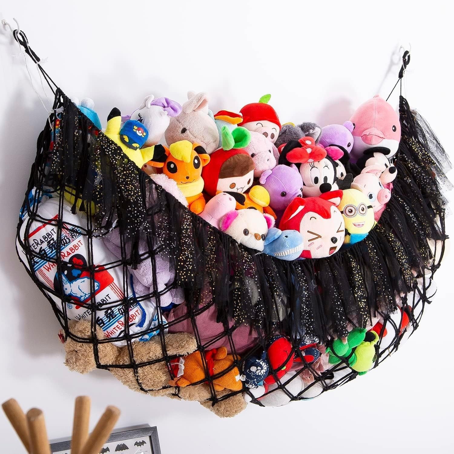 Extra Large Black Toy Hammock with LED Lights – Plush Animal Wall Storage