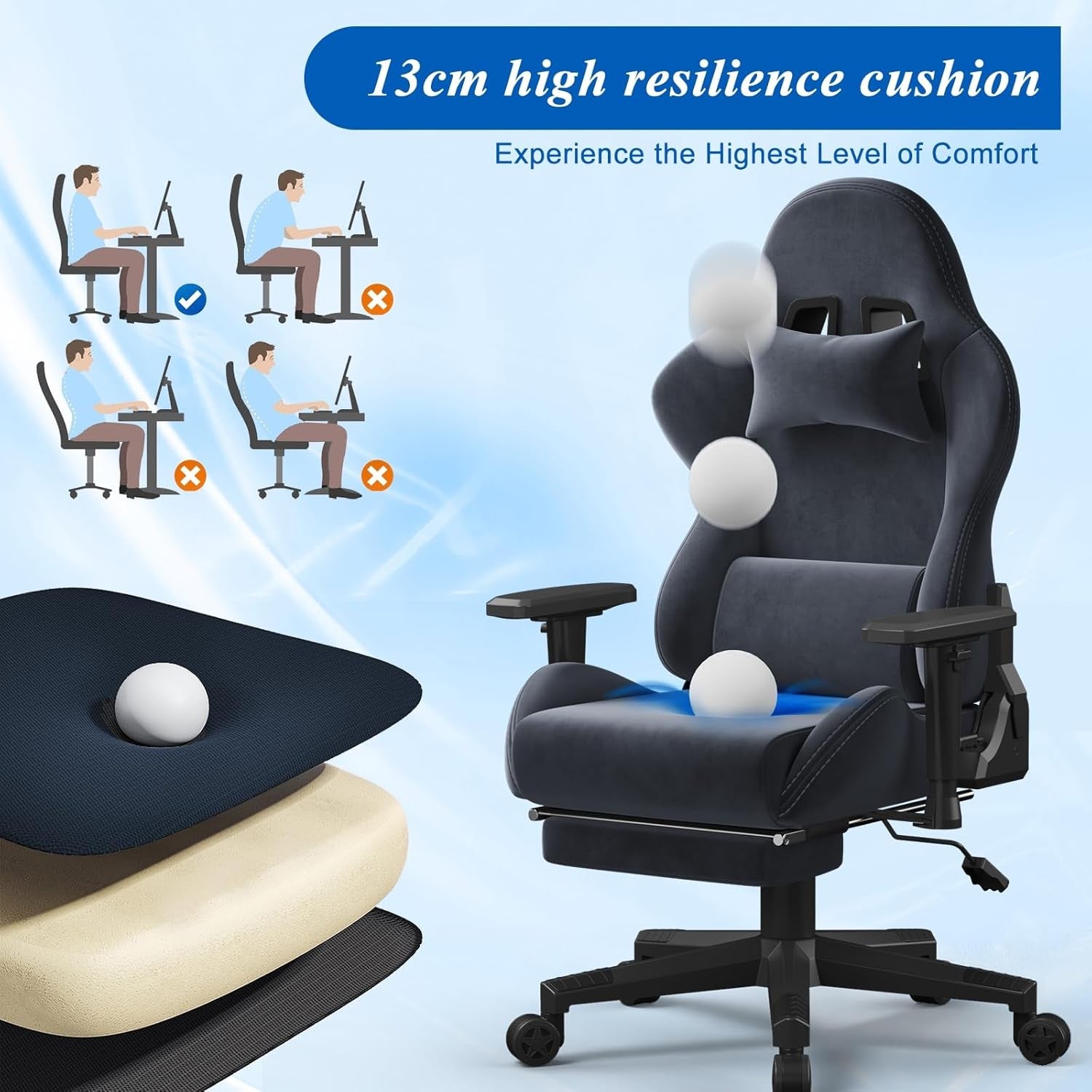 Massage Gaming Chair Reclining Footrest Ergonomic Grey