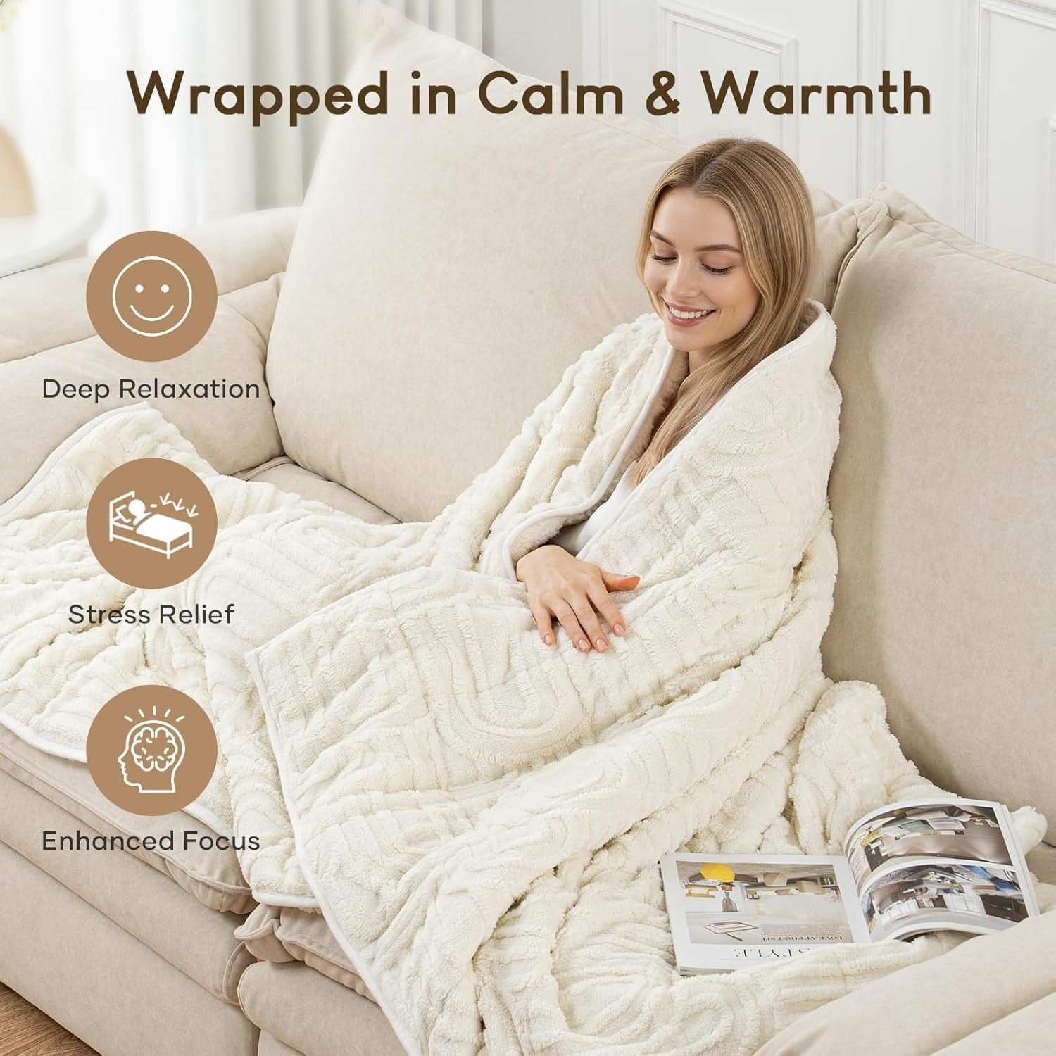 Khaki Sherpa Weighted Blanket 15lbs Queen 60x80 Cozy Sleep