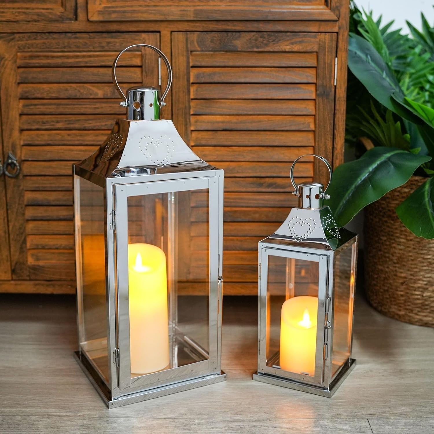 Set of 2 Silver Stainless Steel Candle Lanterns 43 cm & 30 cm