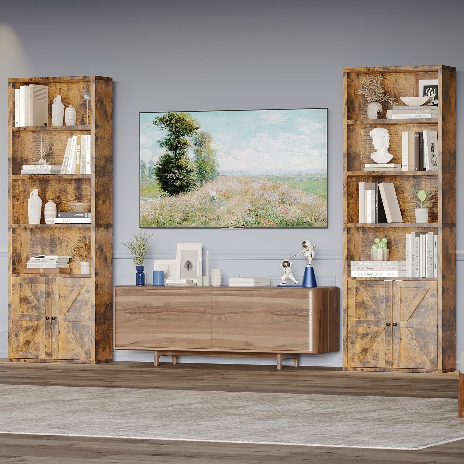 Tall Rustic Brown 6-Tier Bookcase with Cabinet Doors Modern Storage Unit 181cm