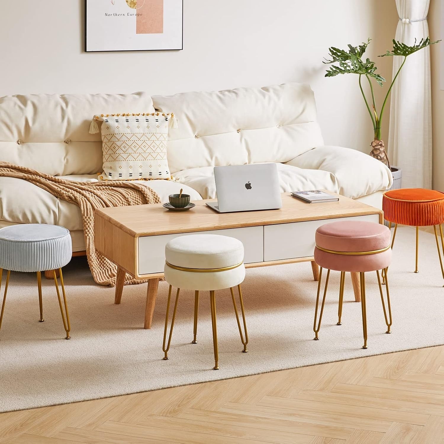 Cream Velvet Round Footstool with Gold Legs – Modern Vanity Stool Seat