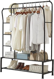 Heavy Duty Double Rail Clothes Rack with Shelves – Black